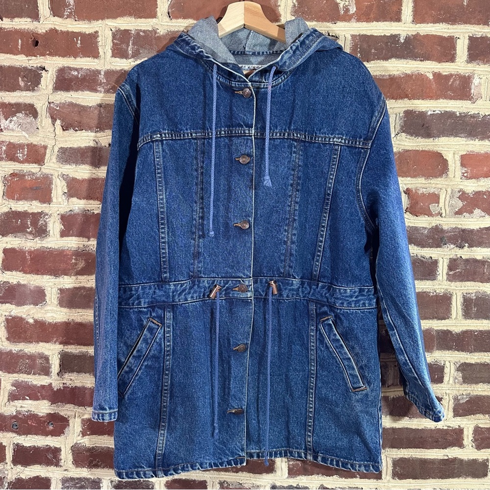 Vintage Jordache Denim Jacket Cinch waist L Hood 80’s 90’s Toggle
